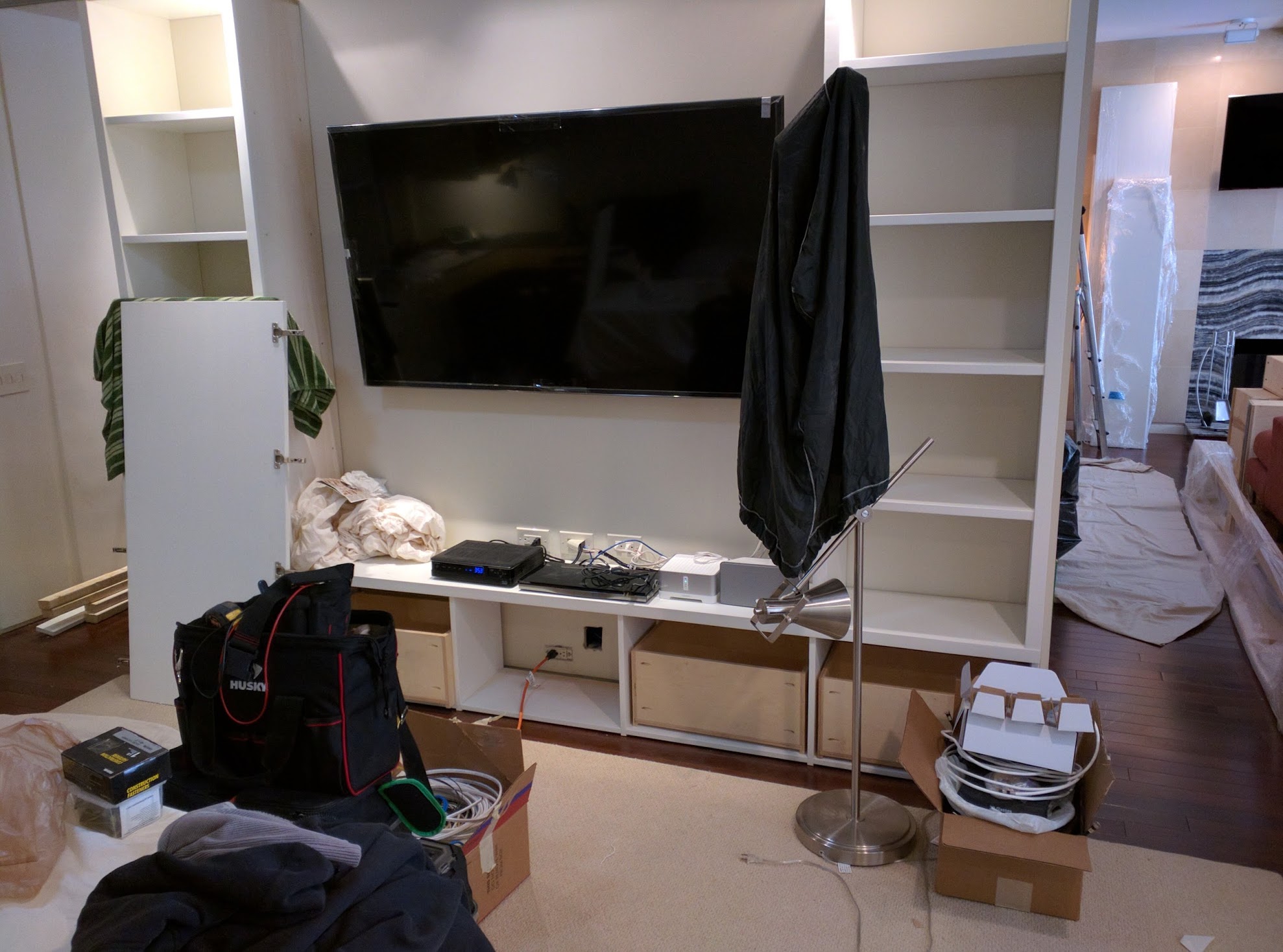 TV Media Center Wiring Before Finish - IT Electrician Project Photo